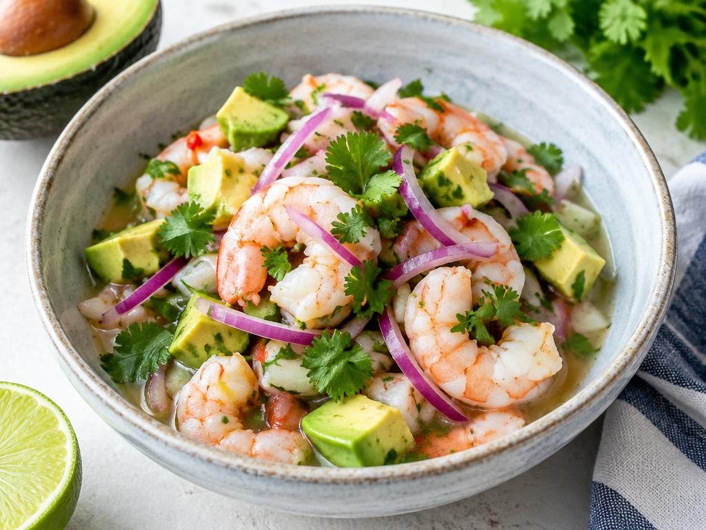 Ceviche de camarón y palta